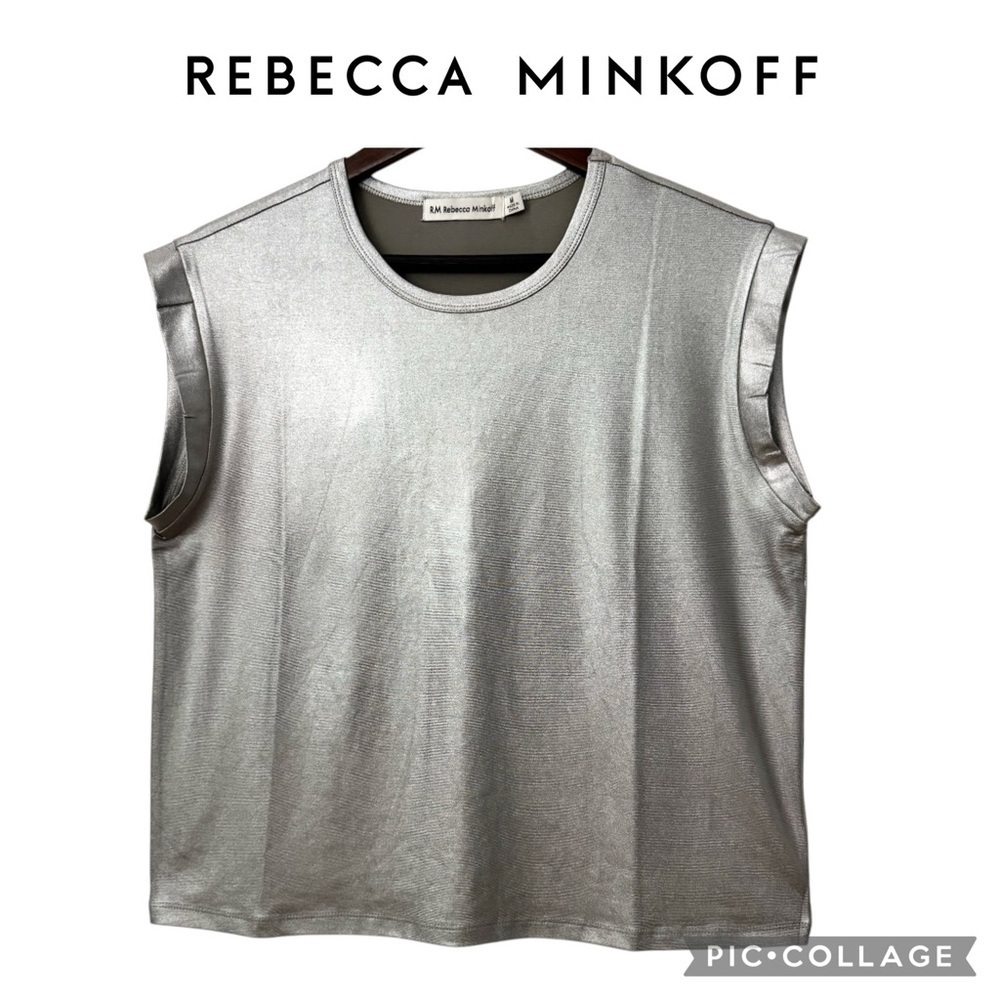 REBECCA MINKOFF Crew Neck Metallic Silver muscle tee tank Top Size M NWT